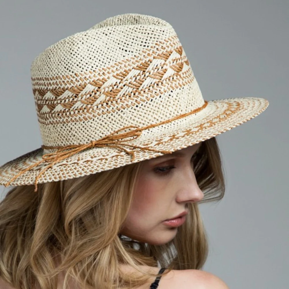 SOLD OUT Handmade Natural & Brown Woven Crisscross Panama Hat - Picture 1 of 5